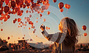 Little Girl Flying Red Balloons