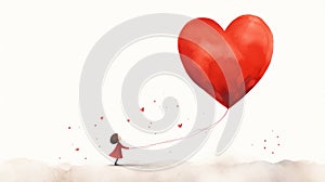 Little girl flying a red heart shaped balloon