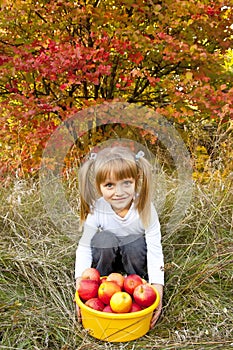 Little girl with fresh vegetables in garden