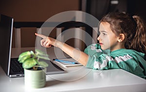 Little girl in front of laptop screen, study concept.