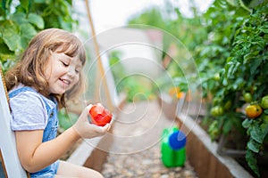 Little girl in the garden, holding red organic tomato