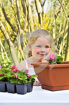 Little girl gardening, planting begonia seedlings in garden, happy child and flowers in pots