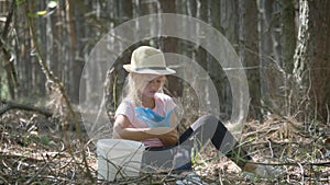 Little girl gather mushrooms in the forest on a sunny day. Mushrooms picking, season for mushrooms. Lovely girl with