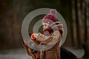 Little girl with German shepherd 6-th months puppy at early spring