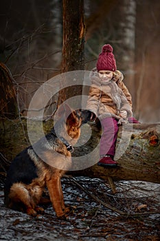 Little girl with German shepherd 6-th months puppy at early spring