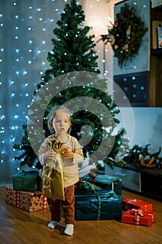 Little girl with a gift in a golden package stands near the Christmas tree in the room