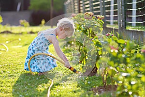 Little girl giving water to flowers in the garden