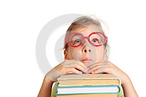 Little girl in glasses pose face, look up