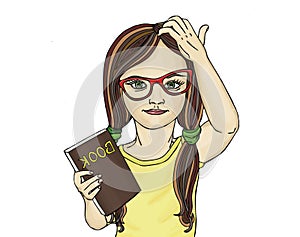 Little girl in glasses wants to school. I thought on the book.