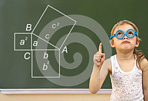 Little girl and green blackboard. Wunderkind