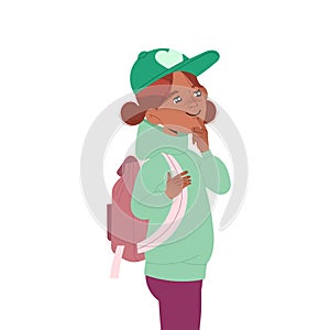 Little Girl in Green Cap and Sweater as Ecology and Planet Care Vector Illustration