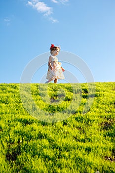 Little girl on a green grass hill