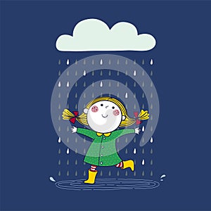 Little girl in green raincoat playing rain on a rainy day