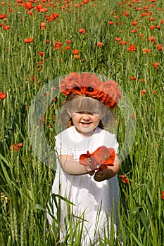 Little girl on the green wheat field with poppies
