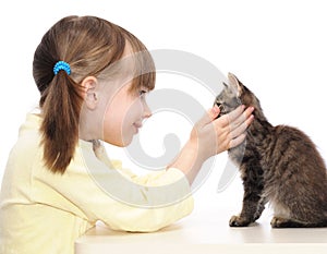 Little girl and grey kitten