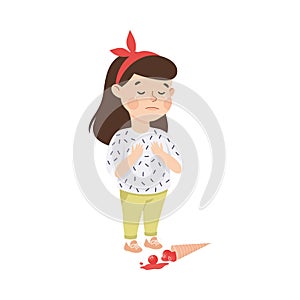 Little Girl with Hair Band Standing Near Fallen Ice Cream and Crying Feeling Sad Vector Illustration