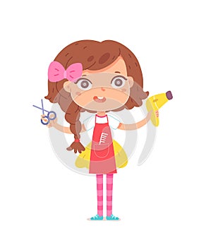 Little girl with hairdresser profession. Cute kid with professional occupation vector illustration. Child doing haircuts