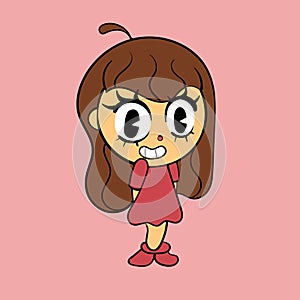 Little girl hands behind her back. Vintage toons: funny character, vector illustration trendy classic retro cartoon