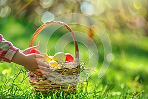 Little Girl Hands Hold Easter Basket on Sunny Loan, Green Grass Blurred Background, Easter Eggs Basket