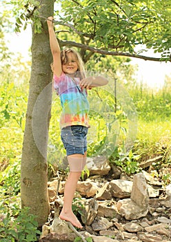 Little girl hanging on a branch