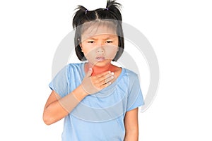 Little girl has sick is sore throat isolate on white