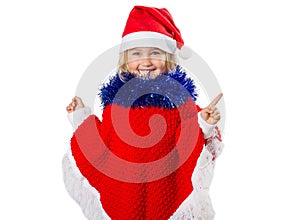 Little girl in a hat Santa Claus on white background.