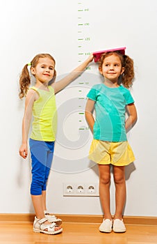 Little girl help friend to measure height on scale