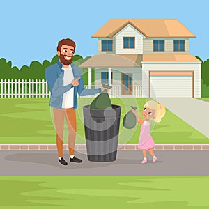 Little girl helping her father throwing out rubbish bags in garbage bin. Housework concept. Big two-storied house and