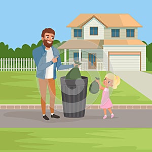 Little girl helping her father throwing out rubbish bags in garbage bin. Housework concept. Big two-storied house and photo