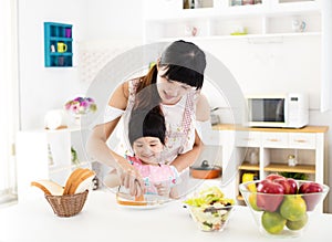 Little girl helping her mother prepare food in the kitchen