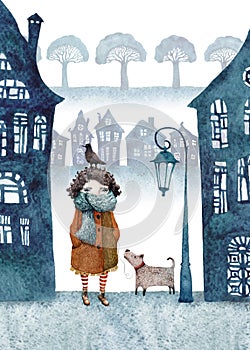 Little girl and her dog walking in a foggy town. Watercolor illustration.