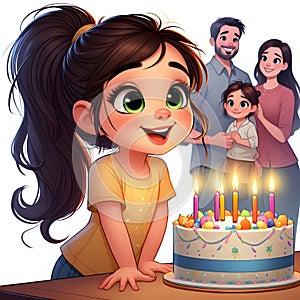 A little girl with her family celebrates her birthday and blows out the candles on the birthday cake.