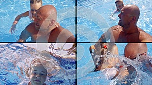 Little girl and her father are playing in swimming pool at summertime, filming themselves, collage