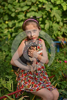 A little girl with her pet chihuahua dog