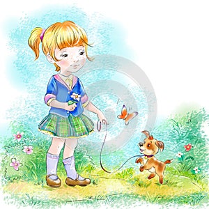 Little girl and her small puppy cartoon art