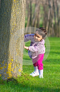 Little girl hiding behind a tree in a forest