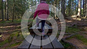 Little girl hiking on footbridge through woods