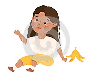 Little Girl Hitting Banana Peel Crying Out Loud Feeling Unhappy Vector Illustration