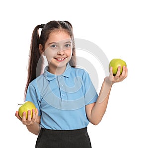 Little girl holding apples on white. Healthy food for school lunch