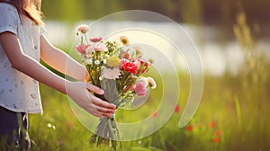 Little girl holding a bouquet of flowers on the nature background photo