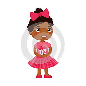 Little girl holding festive gift box flat vector illustration. Dark skin kid with Valentines Day, Birthday present. Smiling child