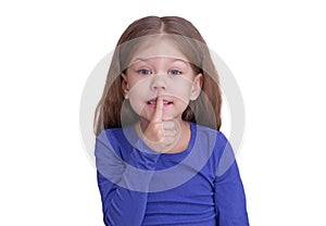 Little girl holding finger on mouth making tss shh asking silence and quiet