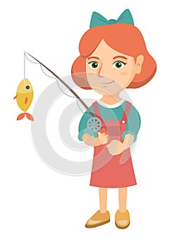 Little girl holding fishing rod with fish on hook.