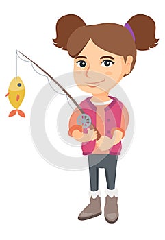 Little girl holding fishing rod with fish on hook.