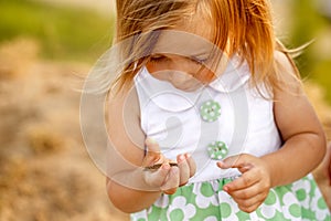 Little girl holding her hand on the small green lizard.