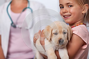 Little girl holding her puppy dog at the veterinary doctor office - closeup