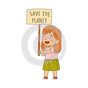 Little Girl Holding Placard on Pole with Appeal Saving Planet Vector Illustration