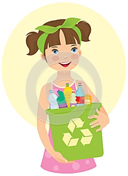 Little girl holding recycling bin