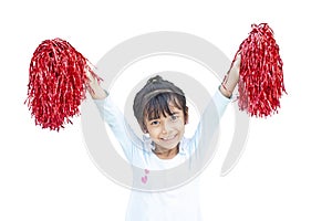 Little girl holding red pompoms for cheerleaders hold sports cheer.