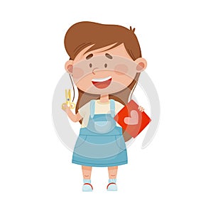 Little Girl Holding Scissors Cutting Out Postcard Vector Illustration